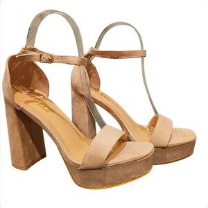 Beige Faux Suede Platform Block Heel Sandals With Adjustable Ankle Strap